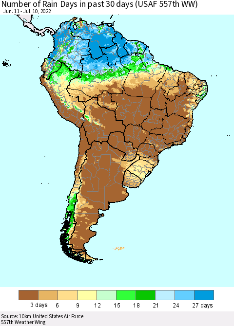 South America Number of Rain Days in past 30 days (USAF 557th WW) 07/10/2022 Thematic Map For 7/6/2022 - 7/10/2022