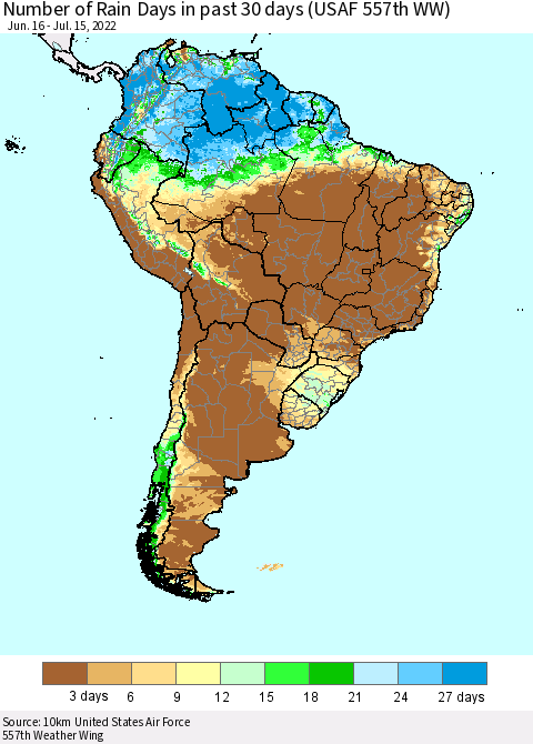 South America Number of Rain Days in past 30 days (USAF 557th WW) 07/15/2022 Thematic Map For 7/11/2022 - 7/15/2022