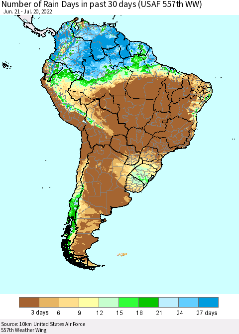 South America Number of Rain Days in past 30 days (USAF 557th WW) 07/20/2022 Thematic Map For 7/16/2022 - 7/20/2022