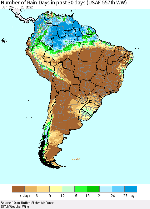 South America Number of Rain Days in past 30 days (USAF 557th WW) 07/25/2022 Thematic Map For 7/21/2022 - 7/25/2022
