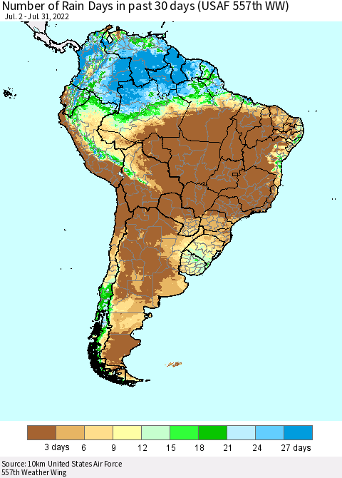 South America Number of Rain Days in past 30 days (USAF 557th WW) 07/31/2022 Thematic Map For 7/26/2022 - 7/31/2022