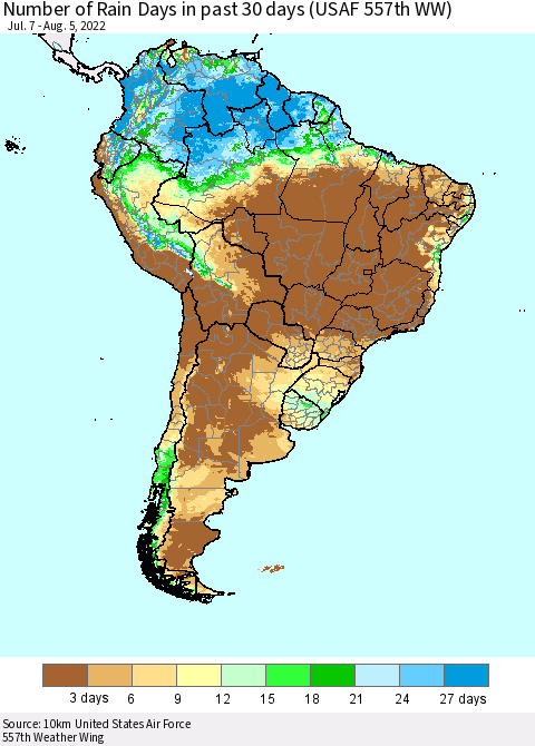 South America Number of Rain Days in past 30 days (USAF 557th WW) 08/05/2022 Thematic Map For 8/1/2022 - 8/5/2022