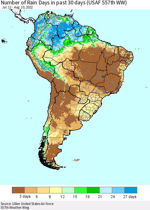 South America Number of Rain Days in past 30 days (USAF 557th WW) 08/10/2022 Thematic Map For 8/6/2022 - 8/10/2022