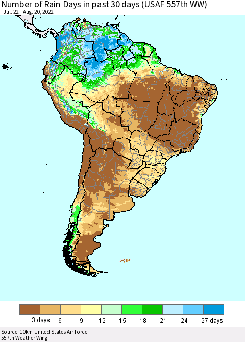 South America Number of Rain Days in past 30 days (USAF 557th WW) 08/20/2022 Thematic Map For 8/16/2022 - 8/20/2022