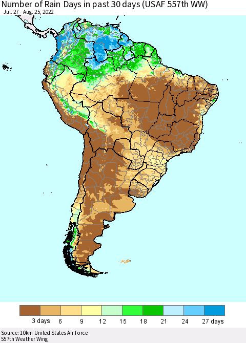 South America Number of Rain Days in past 30 days (USAF 557th WW) 08/25/2022 Thematic Map For 8/21/2022 - 8/25/2022