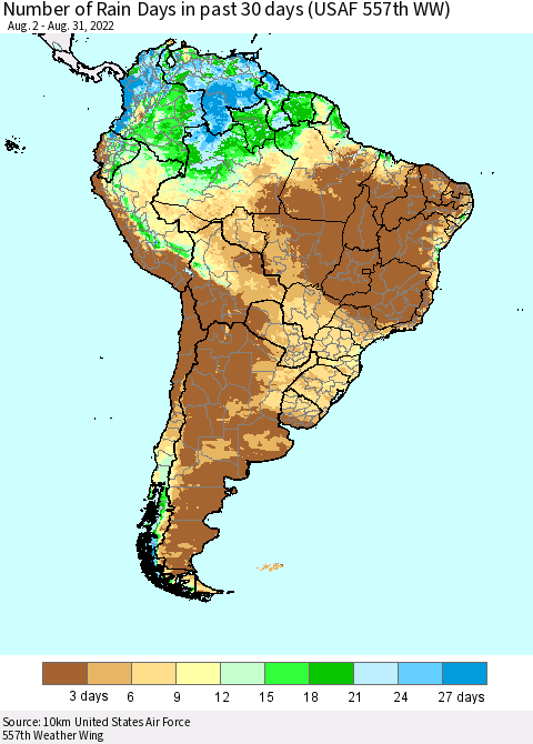 South America Number of Rain Days in past 30 days (USAF 557th WW) 08/31/2022 Thematic Map For 8/26/2022 - 8/31/2022