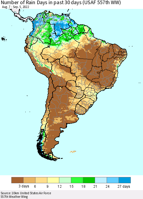 South America Number of Rain Days in past 30 days (USAF 557th WW) 09/05/2022 Thematic Map For 9/1/2022 - 9/5/2022