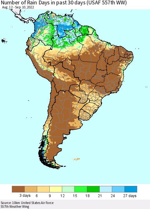 South America Number of Rain Days in past 30 days (USAF 557th WW) 09/10/2022 Thematic Map For 9/6/2022 - 9/10/2022