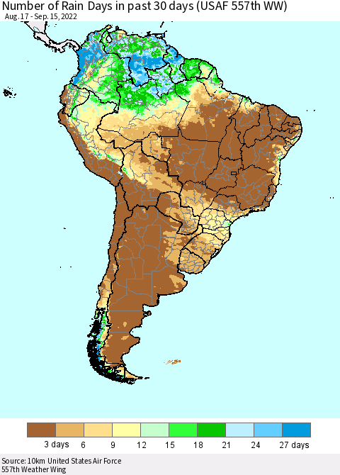 South America Number of Rain Days in past 30 days (USAF 557th WW) 09/15/2022 Thematic Map For 9/11/2022 - 9/15/2022