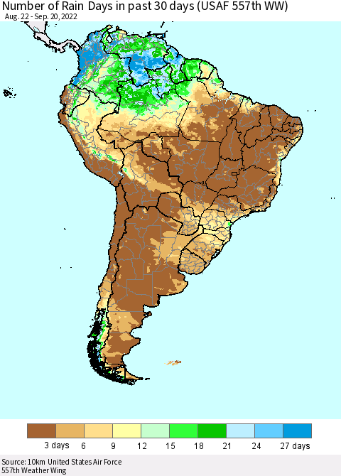 South America Number of Rain Days in past 30 days (USAF 557th WW) 09/20/2022 Thematic Map For 9/16/2022 - 9/20/2022