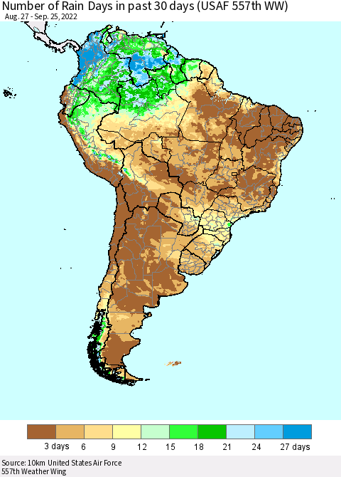 South America Number of Rain Days in past 30 days (USAF 557th WW) 09/25/2022 Thematic Map For 9/21/2022 - 9/25/2022