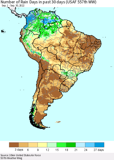South America Number of Rain Days in past 30 days (USAF 557th WW) 09/30/2022 Thematic Map For 9/26/2022 - 9/30/2022