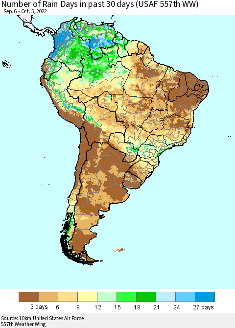 South America Number of Rain Days in past 30 days (USAF 557th WW) 10/05/2022 Thematic Map For 10/1/2022 - 10/5/2022