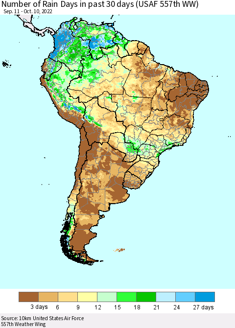 South America Number of Rain Days in past 30 days (USAF 557th WW) 10/10/2022 Thematic Map For 10/6/2022 - 10/10/2022