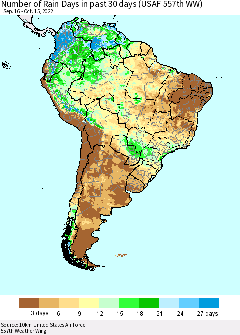 South America Number of Rain Days in past 30 days (USAF 557th WW) 10/15/2022 Thematic Map For 10/11/2022 - 10/15/2022