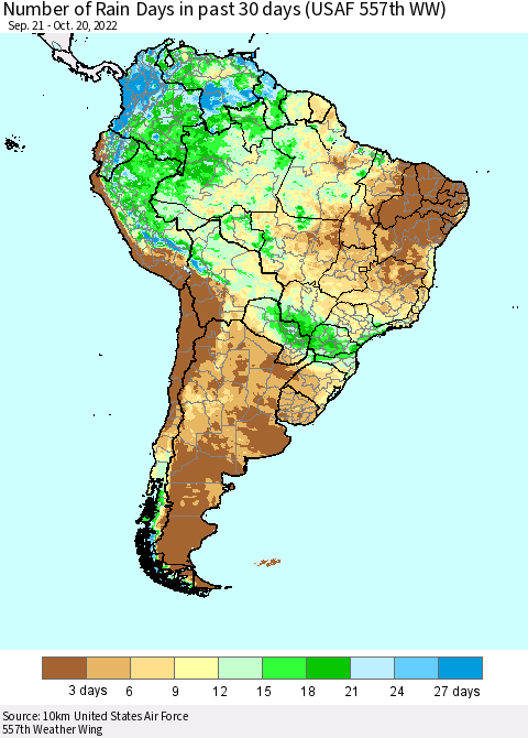 South America Number of Rain Days in past 30 days (USAF 557th WW) 10/20/2022 Thematic Map For 10/16/2022 - 10/20/2022