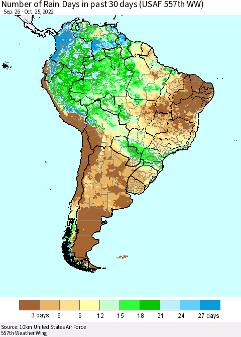 South America Number of Rain Days in past 30 days (USAF 557th WW) 10/25/2022 Thematic Map For 10/21/2022 - 10/25/2022