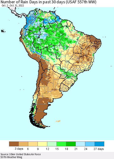 South America Number of Rain Days in past 30 days (USAF 557th WW) 10/31/2022 Thematic Map For 10/26/2022 - 10/31/2022