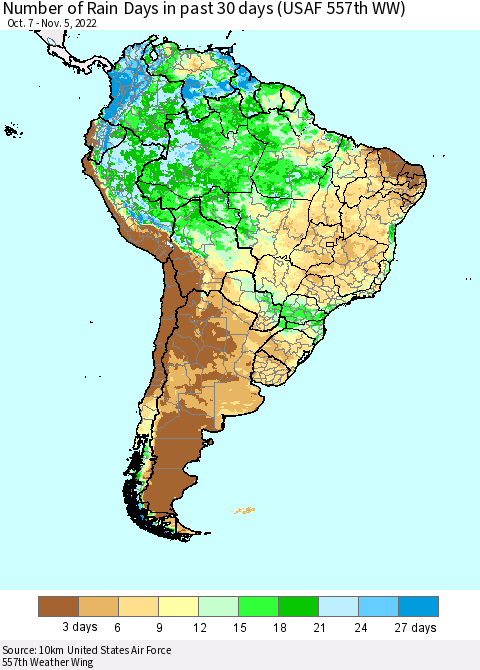 South America Number of Rain Days in past 30 days (USAF 557th WW) 11/05/2022 Thematic Map For 11/1/2022 - 11/5/2022