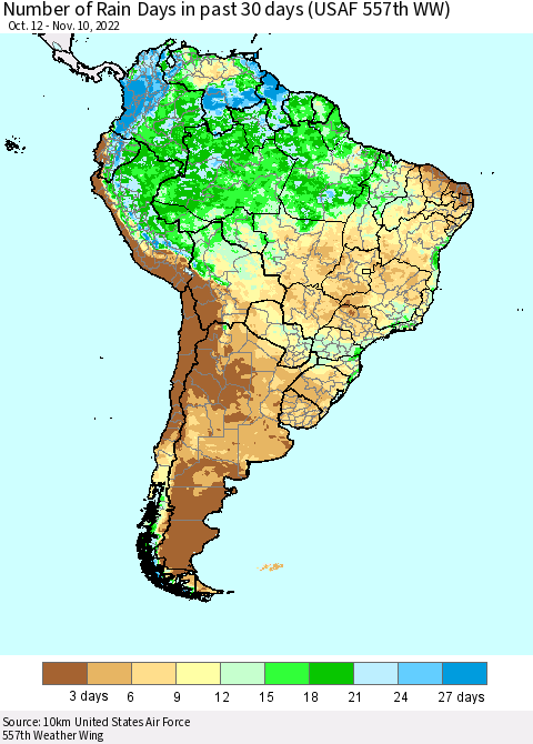 South America Number of Rain Days in past 30 days (USAF 557th WW) 11/10/2022 Thematic Map For 11/6/2022 - 11/10/2022
