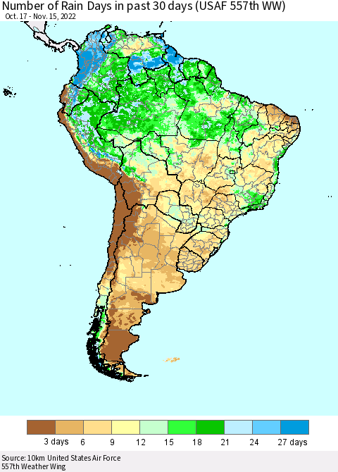 South America Number of Rain Days in past 30 days (USAF 557th WW) 11/15/2022 Thematic Map For 11/11/2022 - 11/15/2022