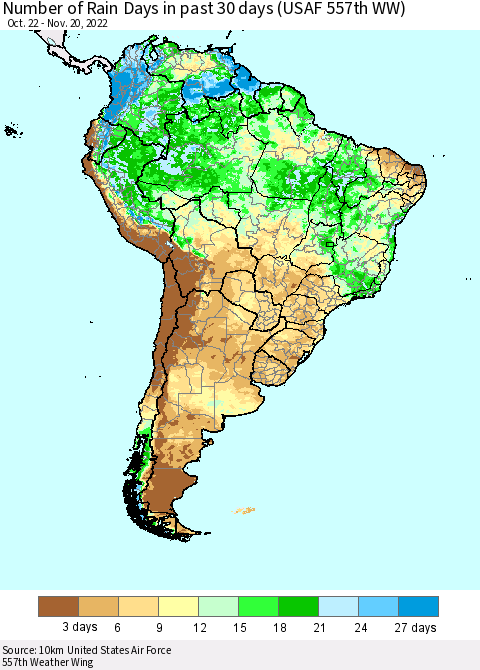 South America Number of Rain Days in past 30 days (USAF 557th WW) 11/20/2022 Thematic Map For 11/16/2022 - 11/20/2022