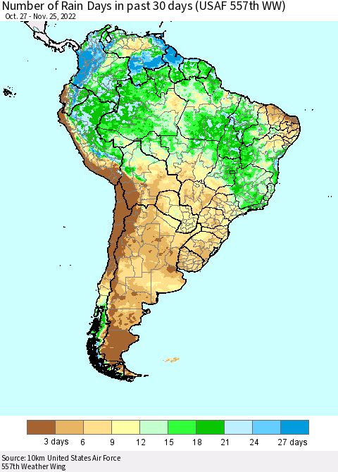 South America Number of Rain Days in past 30 days (USAF 557th WW) 11/25/2022 Thematic Map For 11/21/2022 - 11/25/2022
