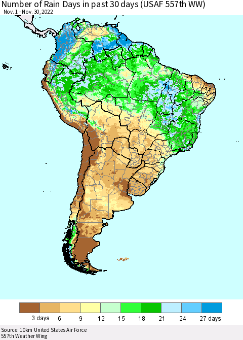 South America Number of Rain Days in past 30 days (USAF 557th WW) 11/30/2022 Thematic Map For 11/26/2022 - 11/30/2022