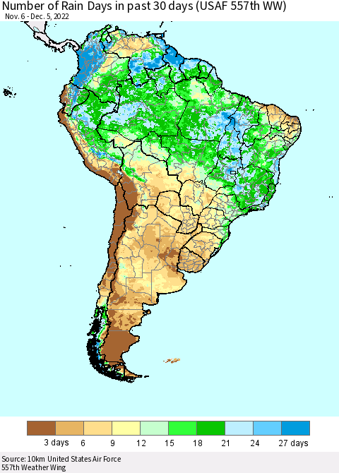 South America Number of Rain Days in past 30 days (USAF 557th WW) 12/05/2022 Thematic Map For 12/1/2022 - 12/5/2022