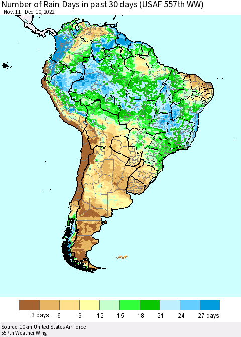 South America Number of Rain Days in past 30 days (USAF 557th WW) 12/10/2022 Thematic Map For 12/6/2022 - 12/10/2022