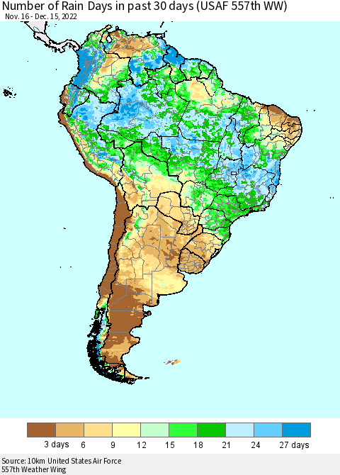 South America Number of Rain Days in past 30 days (USAF 557th WW) 12/15/2022 Thematic Map For 12/11/2022 - 12/15/2022