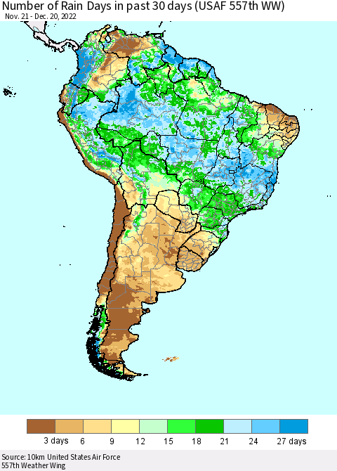 South America Number of Rain Days in past 30 days (USAF 557th WW) 12/20/2022 Thematic Map For 12/16/2022 - 12/20/2022