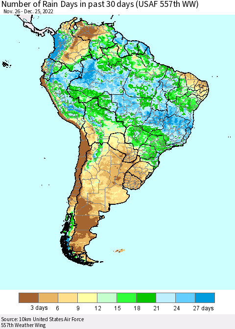 South America Number of Rain Days in past 30 days (USAF 557th WW) 12/25/2022 Thematic Map For 12/21/2022 - 12/25/2022