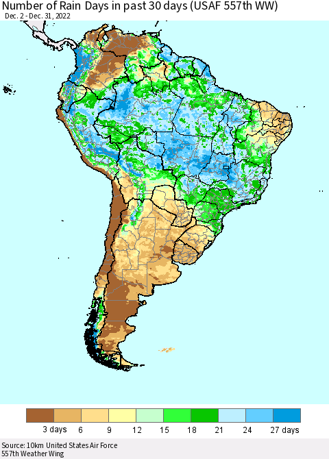 South America Number of Rain Days in past 30 days (USAF 557th WW) 12/31/2022 Thematic Map For 12/26/2022 - 12/31/2022