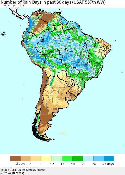 South America Number of Rain Days in past 30 days (USAF 557th WW) 01/05/2023 Thematic Map For 1/1/2023 - 1/5/2023