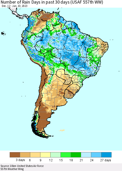 South America Number of Rain Days in past 30 days (USAF 557th WW) 01/10/2023 Thematic Map For 1/6/2023 - 1/10/2023