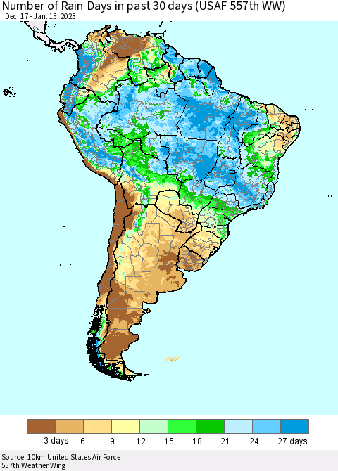 South America Number of Rain Days in past 30 days (USAF 557th WW) 01/15/2023 Thematic Map For 1/11/2023 - 1/15/2023