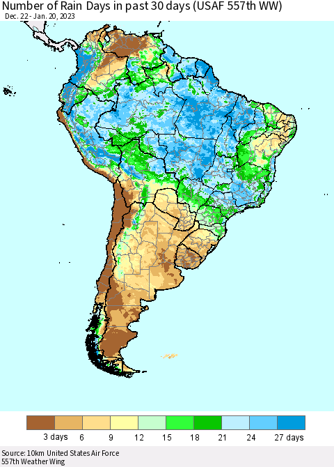 South America Number of Rain Days in past 30 days (USAF 557th WW) 01/20/2023 Thematic Map For 1/16/2023 - 1/20/2023