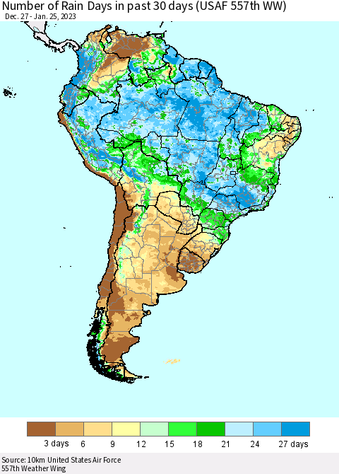 South America Number of Rain Days in past 30 days (USAF 557th WW) 01/25/2023 Thematic Map For 1/21/2023 - 1/25/2023