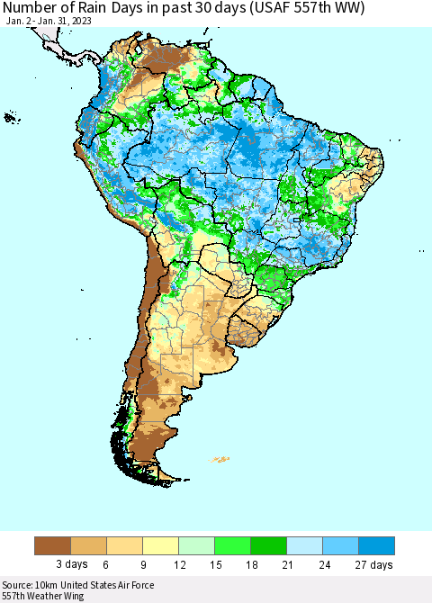 South America Number of Rain Days in past 30 days (USAF 557th WW) 01/31/2023 Thematic Map For 1/26/2023 - 1/31/2023