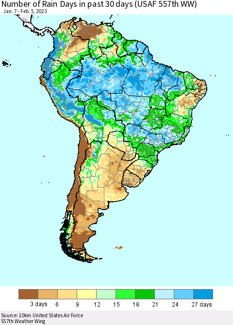 South America Number of Rain Days in past 30 days (USAF 557th WW) 02/05/2023 Thematic Map For 2/1/2023 - 2/5/2023