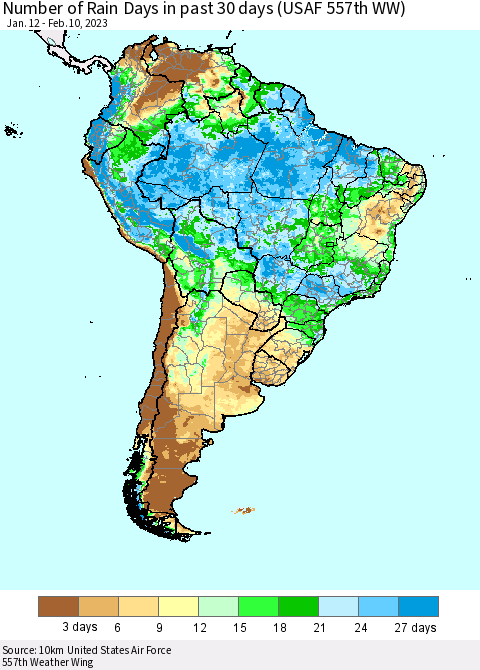 South America Number of Rain Days in past 30 days (USAF 557th WW) 02/10/2023 Thematic Map For 2/6/2023 - 2/10/2023
