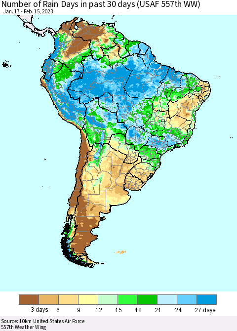 South America Number of Rain Days in past 30 days (USAF 557th WW) 02/15/2023 Thematic Map For 2/11/2023 - 2/15/2023
