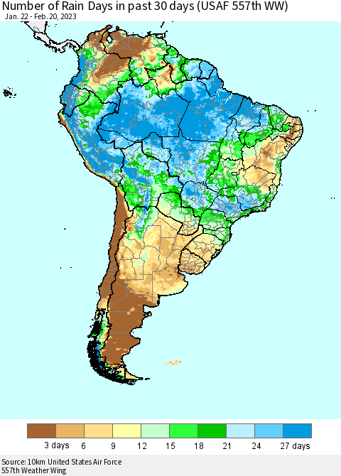 South America Number of Rain Days in past 30 days (USAF 557th WW) 02/20/2023 Thematic Map For 2/16/2023 - 2/20/2023