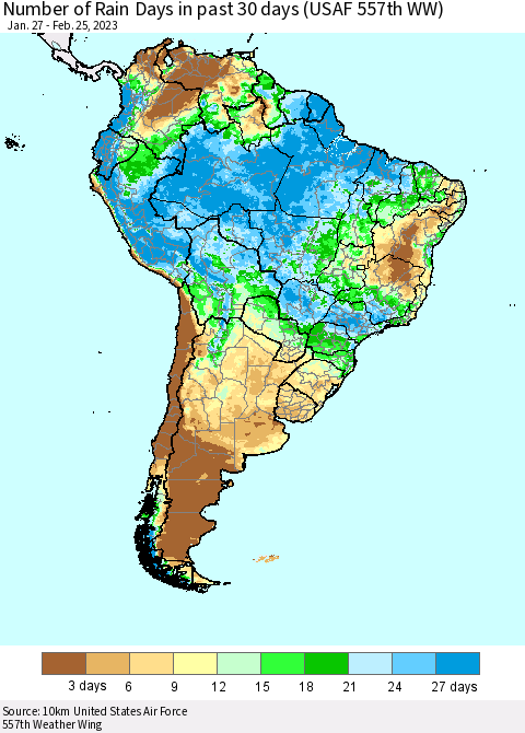 South America Number of Rain Days in past 30 days (USAF 557th WW) 02/25/2023 Thematic Map For 2/21/2023 - 2/25/2023