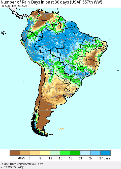 South America Number of Rain Days in past 30 days (USAF 557th WW) 02/28/2023 Thematic Map For 2/26/2023 - 2/28/2023