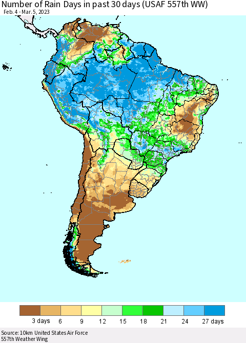 South America Number of Rain Days in past 30 days (USAF 557th WW) 03/05/2023 Thematic Map For 3/1/2023 - 3/5/2023