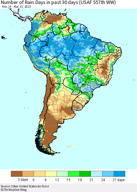 South America Number of Rain Days in past 30 days (USAF 557th WW) 03/15/2023 Thematic Map For 3/11/2023 - 3/15/2023