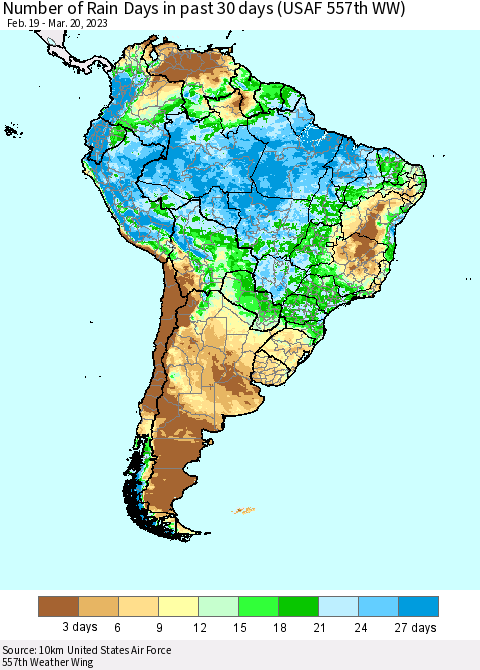 South America Number of Rain Days in past 30 days (USAF 557th WW) 03/20/2023 Thematic Map For 3/16/2023 - 3/20/2023