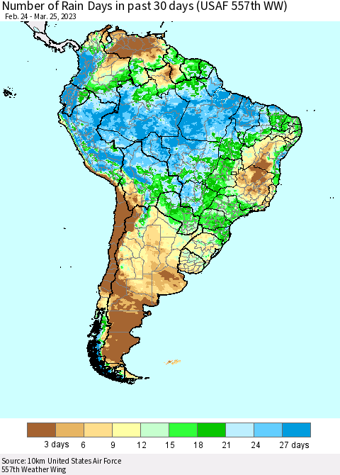 South America Number of Rain Days in past 30 days (USAF 557th WW) 03/25/2023 Thematic Map For 3/21/2023 - 3/25/2023